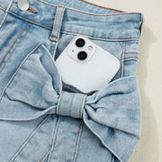 Bow Detail Denim Shorts with Pockets