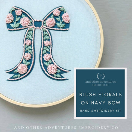 Hand Embroidery Kit - Blush Florals on Navy Bow