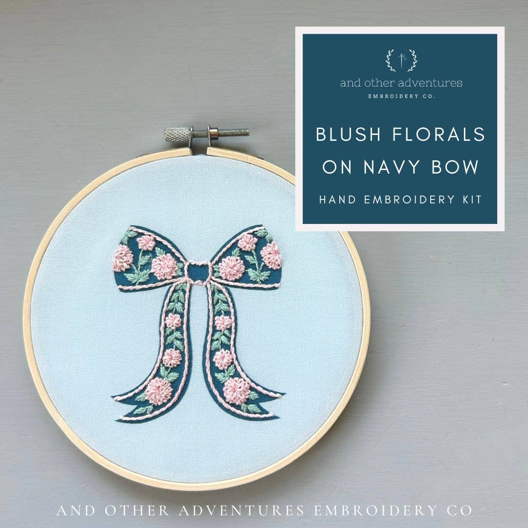 Hand Embroidery Kit - Blush Florals on Navy Bow