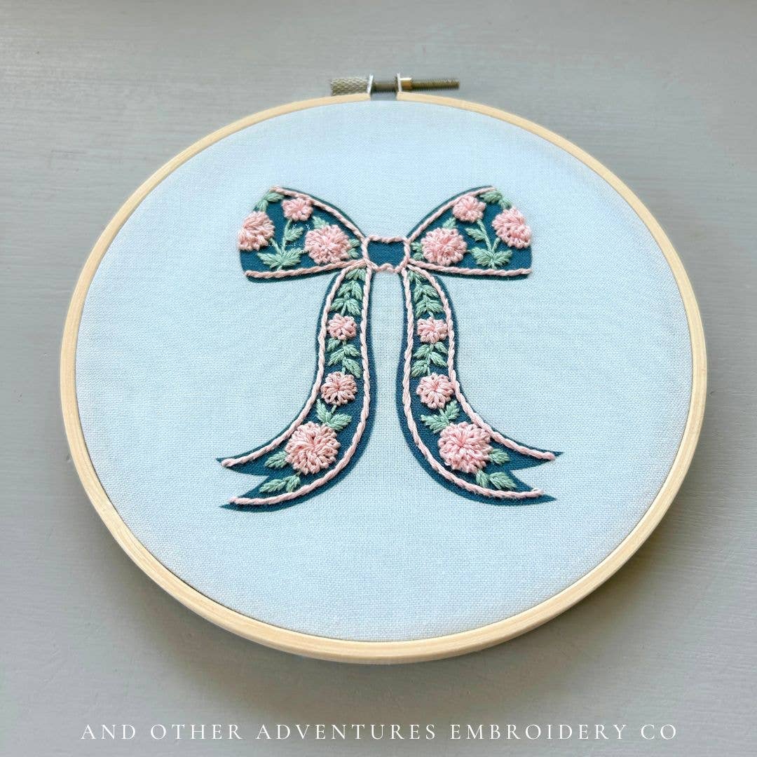 Hand Embroidery Kit - Blush Florals on Navy Bow