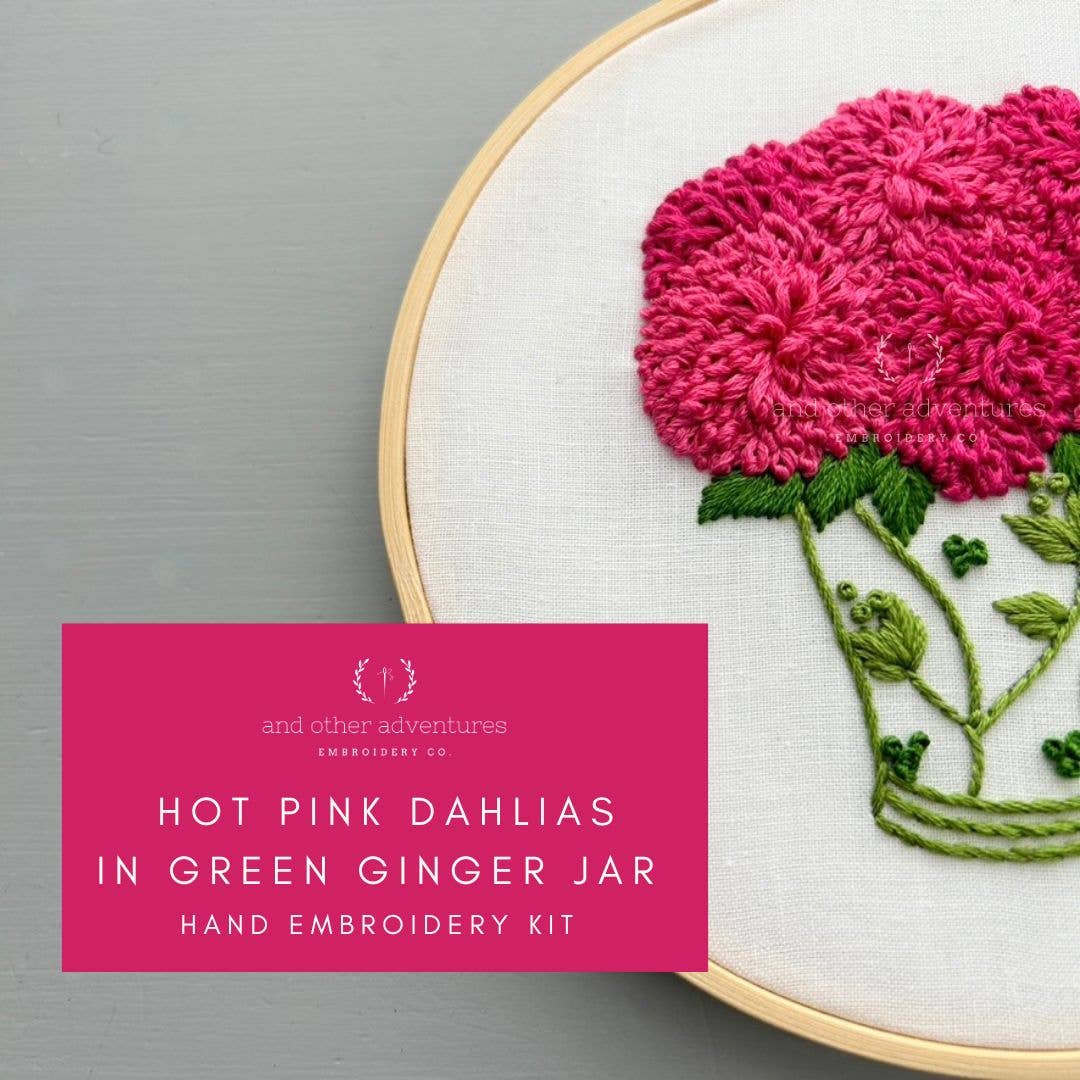 Hand Embroidery Kit - Hot Pink Dahlias in Green Ginger Jar