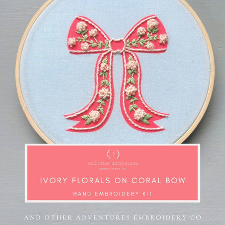 Hand Embroidery Kit - Ivory Florals on Coral Bow