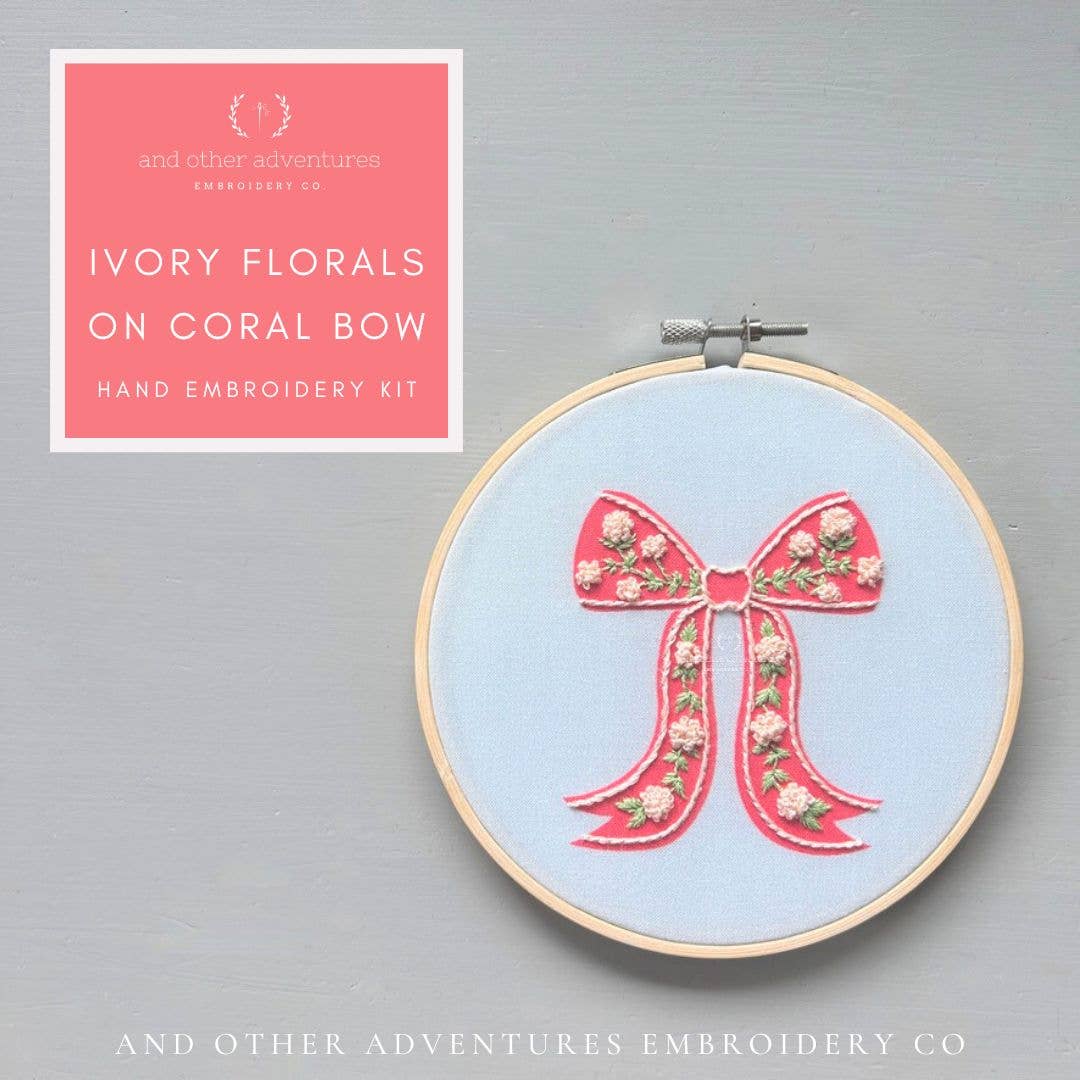 Hand Embroidery Kit - Ivory Florals on Coral Bow