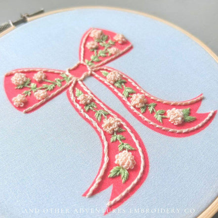 Hand Embroidery Kit - Ivory Florals on Coral Bow
